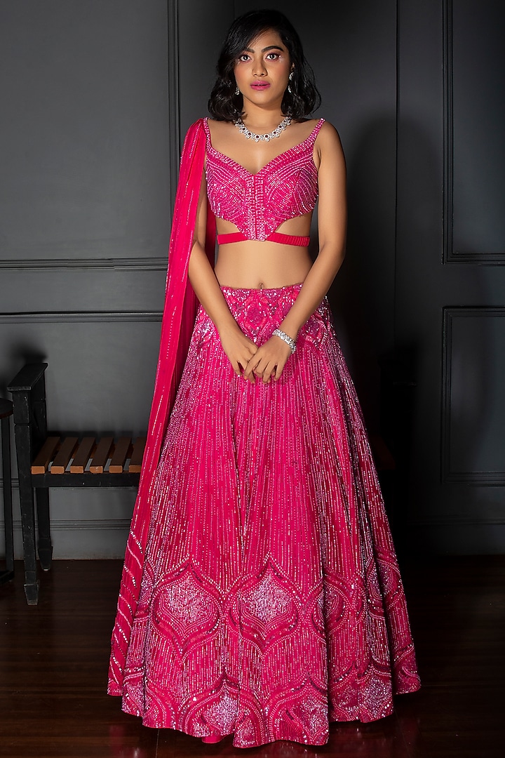 Fuchsia Embroidered Bridal Bridal Lehenga Set by Dhwaja at Pernia's Pop Up Shop