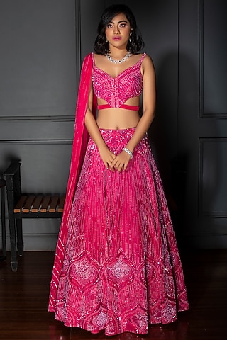 Fuchsia Embroidered Bridal Lehenga Set by Dhwaja