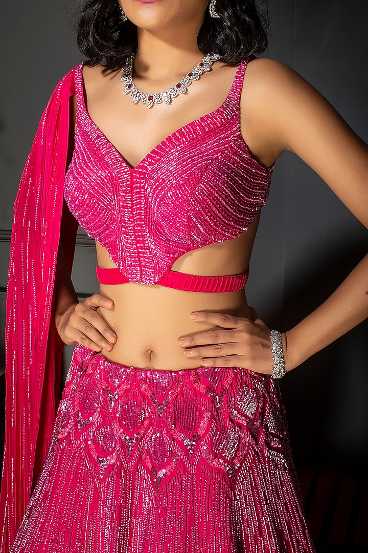 Fuchsia Embroidered Bridal Bridal Lehenga Set by Dhwaja at Pernia's Pop Up Shop