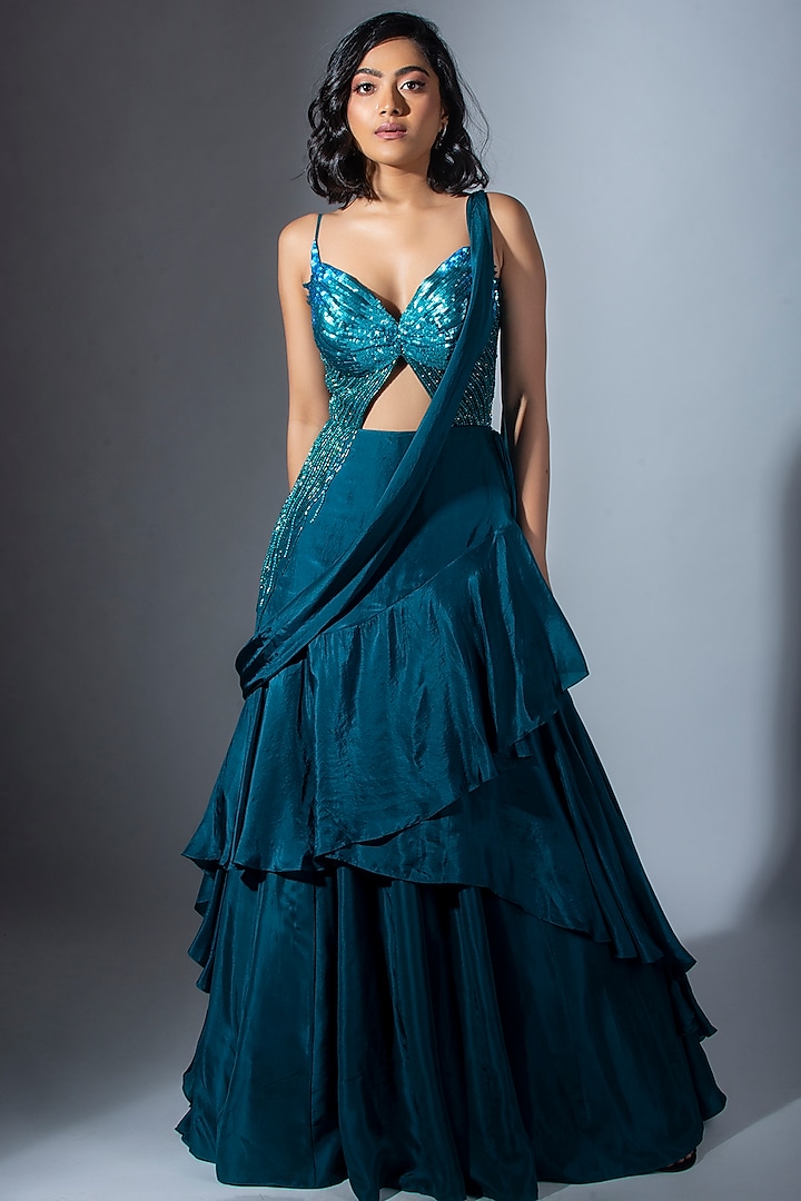 Teal Hand Embroidered Layered Gown by Dhwaja