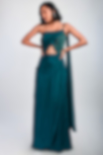 Teal Hand Embroidered One-Shoulder Draped Saree Gown by Dhwaja