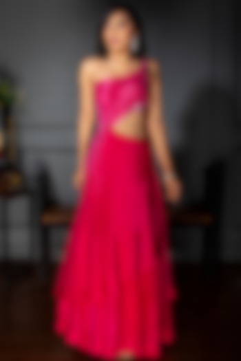 Fuchsia Embroidered Layered One-Shoulder Gown by Dhwaja at Pernia's Pop Up Shop