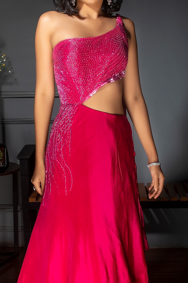 Fuchsia Embroidered Layered One-Shoulder Gown by Dhwaja at Pernia's Pop Up Shop