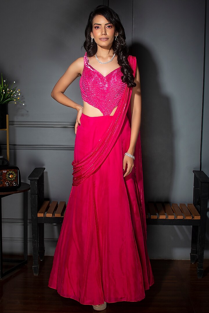 Fuchsia Embroidered Fish-Cut Saree Gown by Dhwaja