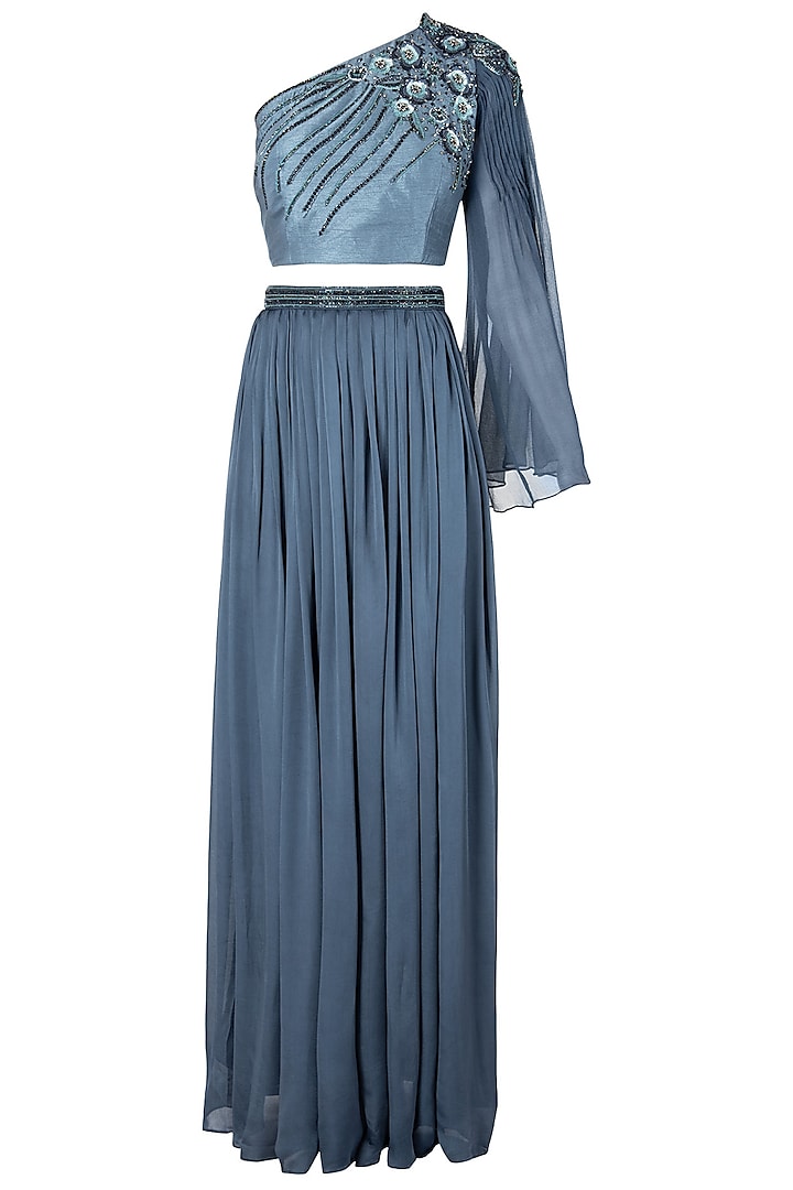 Polo Blue Embellished One Shoulder Top with Pleated Skirt by Dhwaja