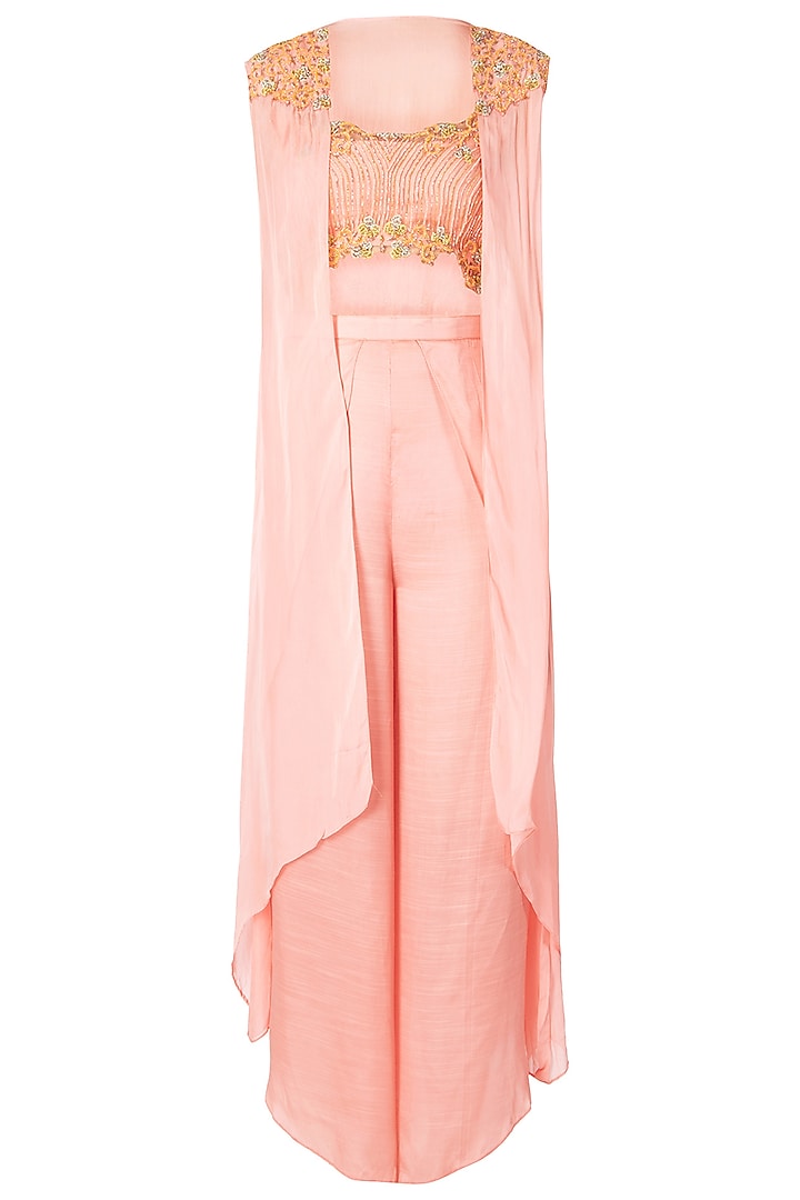 Peach Embroidered Crop Top with Pants and Jacket by Dhwaja
