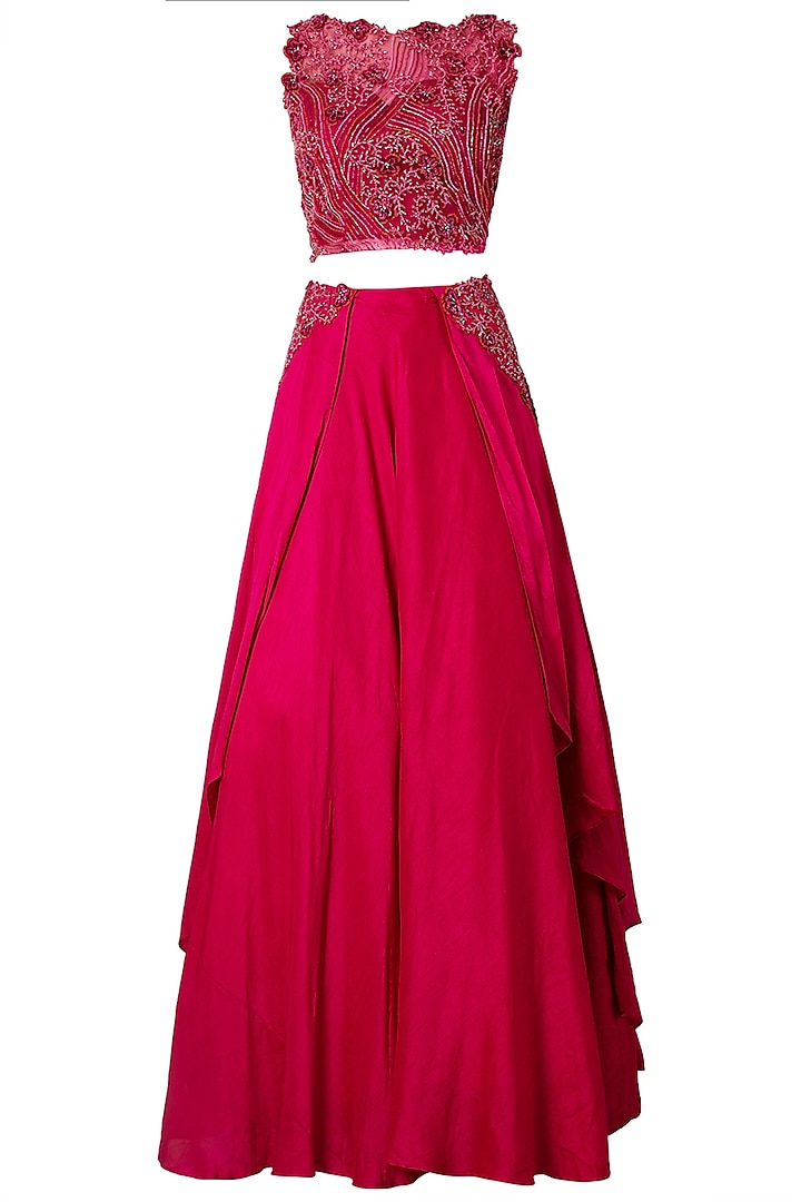 Magenta Embroidered Crop Top with Skirt by Dhwaja