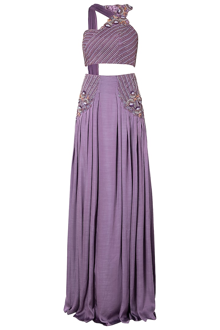 Dark Lilac Embellished Crop Top with High Waisted Skirt by Dhwaja