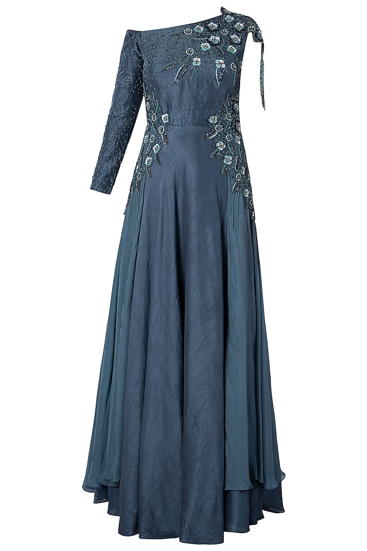 Polo Blue Off Shoulder Embroidered Gown by Dhwaja