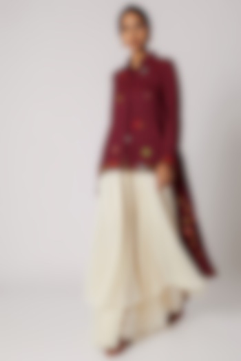 Maroon Embroidered Asymmetrical Shirt by Divya Anand