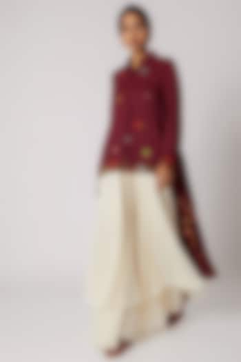 Maroon Embroidered Asymmetrical Shirt by Divya Anand at Pernia's Pop Up Shop