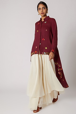 Maroon Embroidered Asymmetrical Shirt by Divya Anand