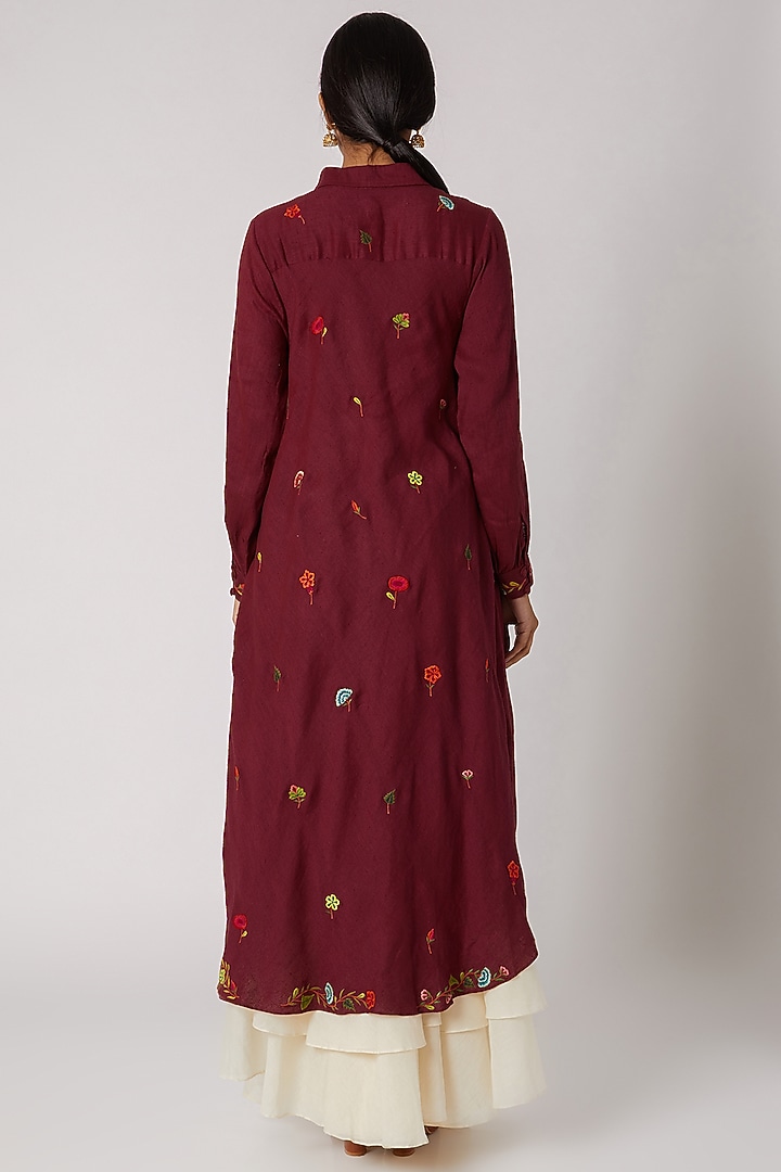Maroon Embroidered Asymmetrical Shirt by Divya Anand at Pernia's Pop Up Shop