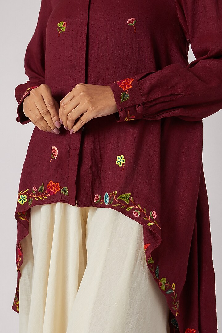 Maroon Embroidered Asymmetrical Shirt by Divya Anand at Pernia's Pop Up Shop