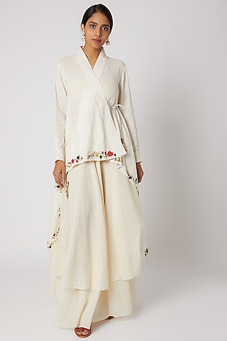 White Embroidered Asymmetrical Kurta by Divya Anand