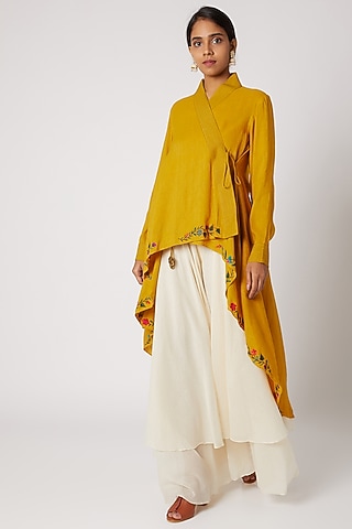 Mustard Embroidered Asymmetrical Kurta by Divya Anand