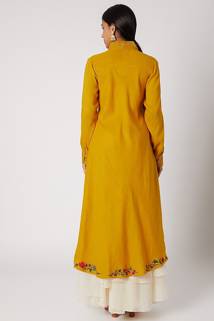 Mustard Embroidered Asymmetrical Kurta by Divya Anand at Pernia's Pop Up Shop