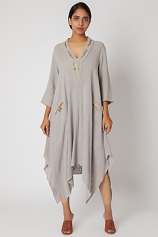 Grey Embroidered Asymmetrical Kurta by Divya Anand