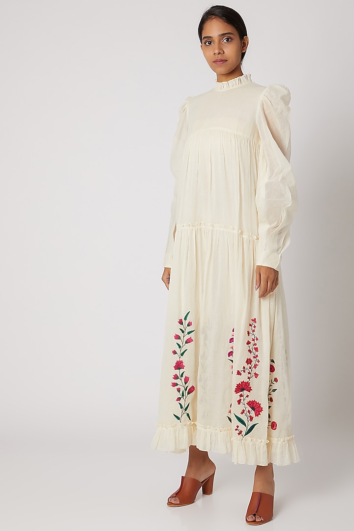 Off White Embroidered Maxi Dress by Divya Anand