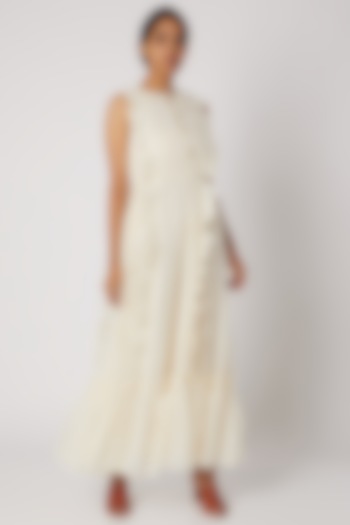 Off White Frill Maxi Dress by Divya Anand