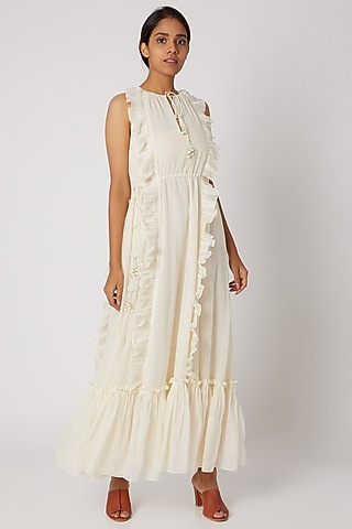 Off White Frill Maxi Dress by Divya Anand