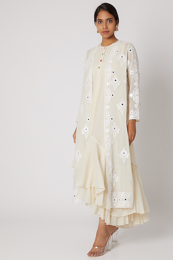 Off White Embroidered Open Jacket by Divya Anand