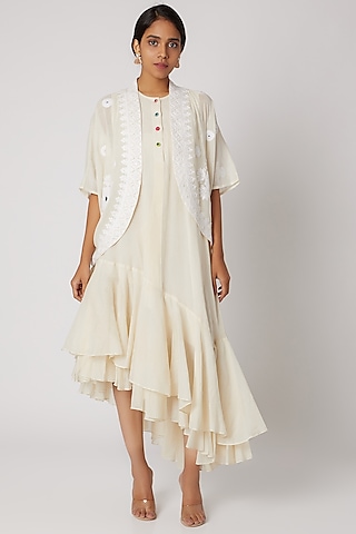 Off White Embroidered Short Open Jacket by Divya Anand