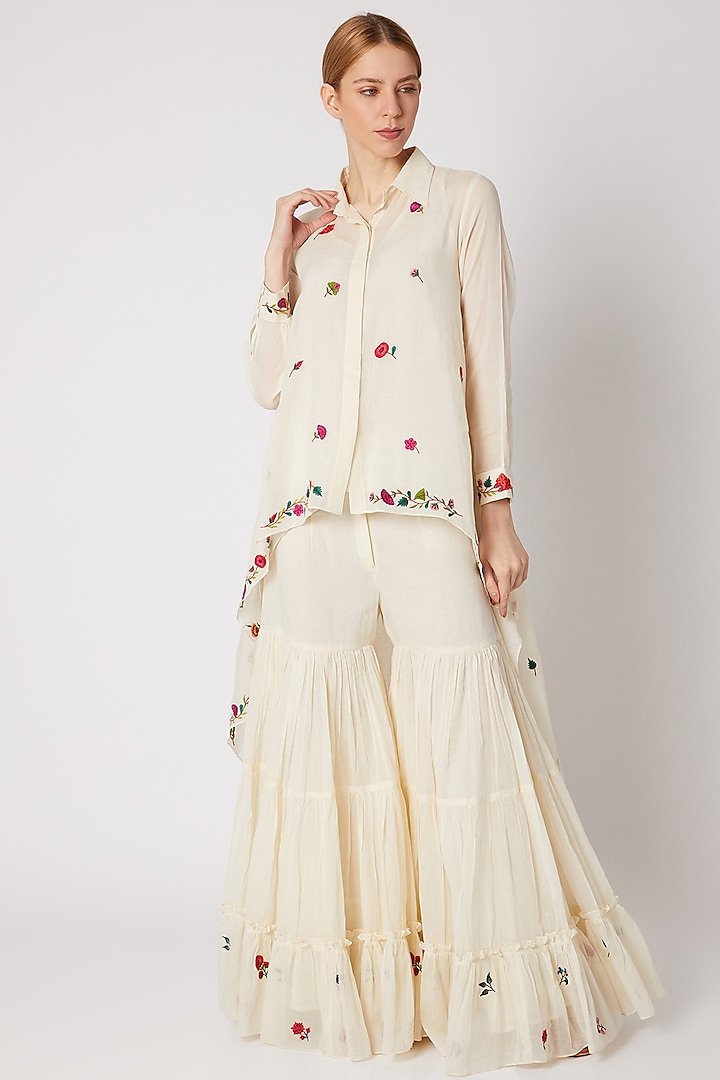 Off White Vintage Embroidered Shirt by Divya Anand