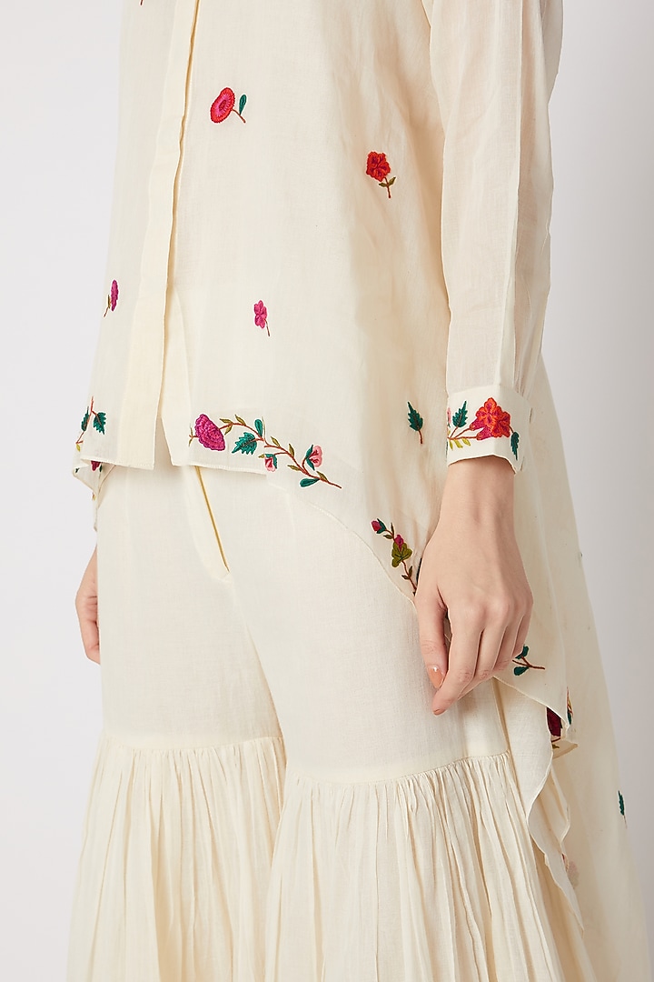 Off White Vintage Embroidered Shirt by Divya Anand at Pernia's Pop Up Shop