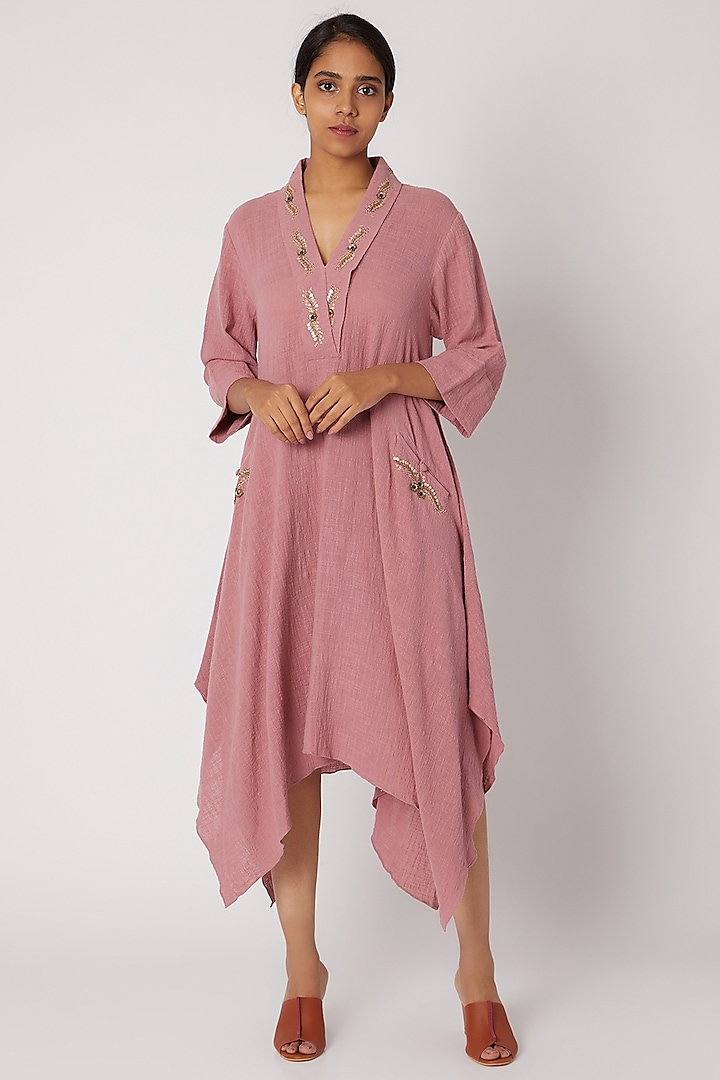Rose Pink Embroidered Asymmetrical Kurta by Divya Anand