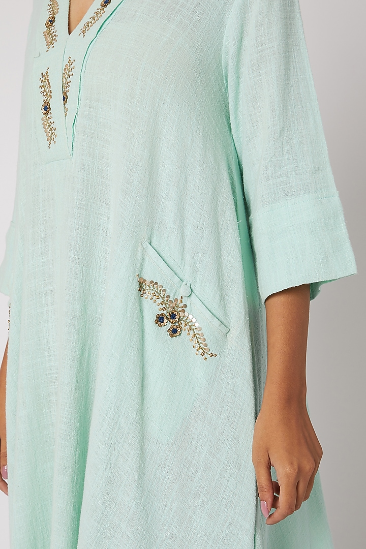 Sky Blue Embroidered Asymmetrical Kurta by Divya Anand at Pernia's Pop Up Shop