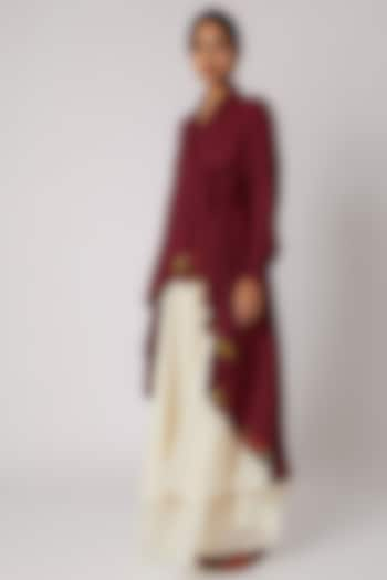 Maroon Embroidered Wrap Asymmetrical Kurta by Divya Anand at Pernia's Pop Up Shop