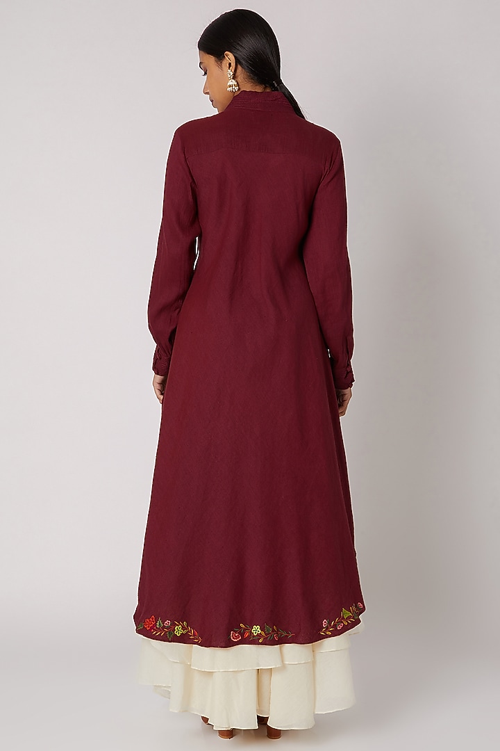 Maroon Embroidered Wrap Asymmetrical Kurta by Divya Anand at Pernia's Pop Up Shop