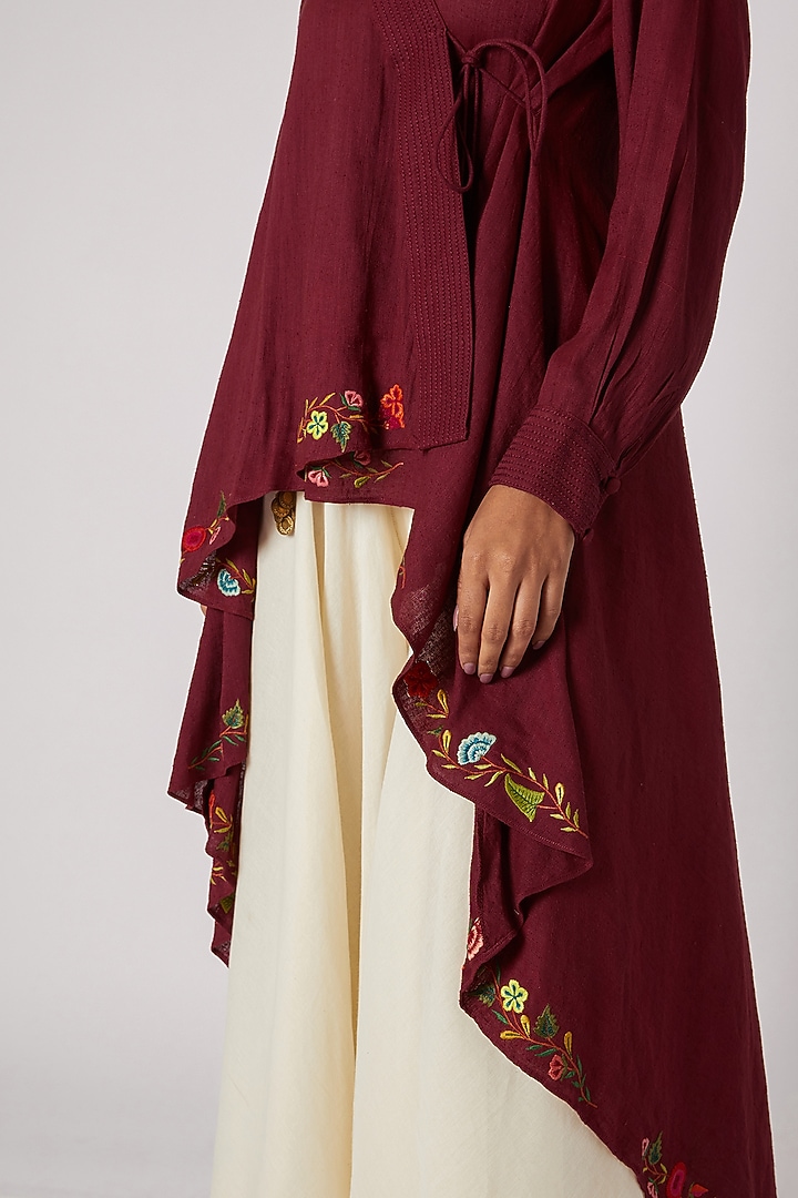 Maroon Embroidered Wrap Asymmetrical Kurta by Divya Anand at Pernia's Pop Up Shop