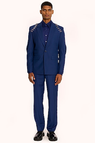Ink Blue Italian Terry Rayon Blazer by DIERMEISS BY THE DRAGON LADY