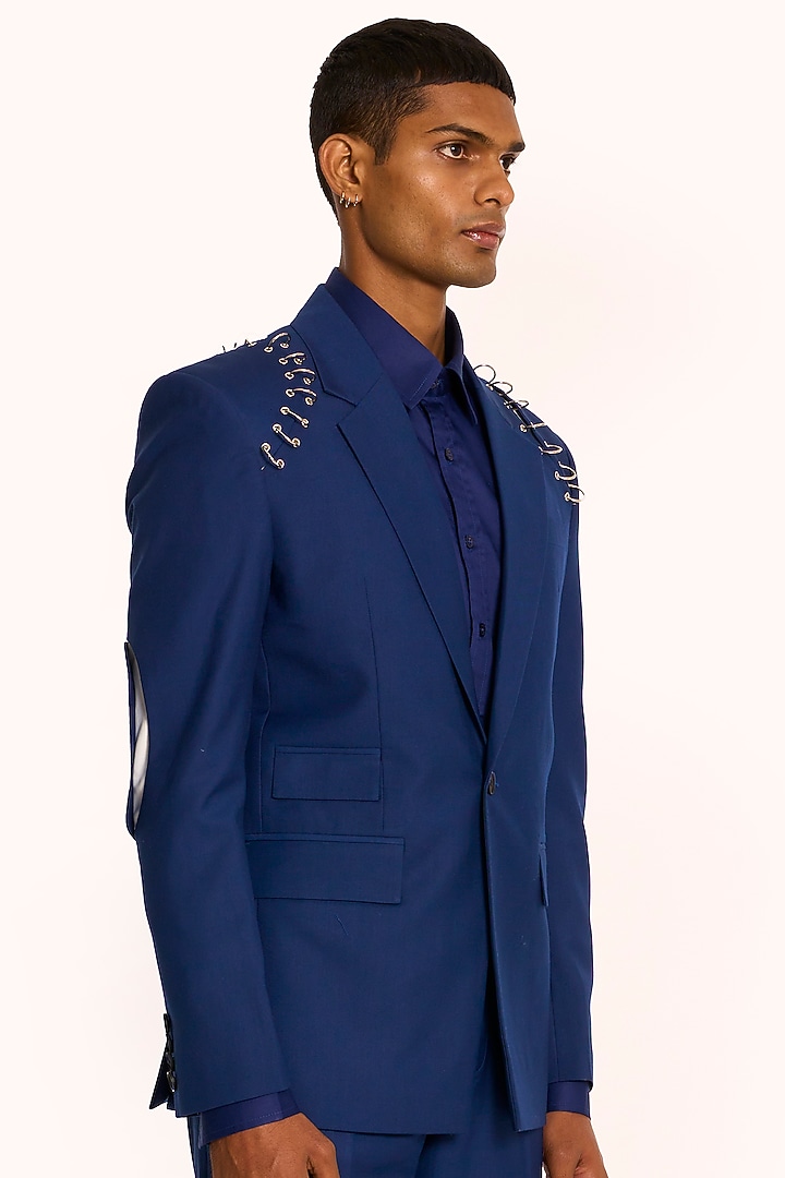 Ink Blue Italian Terry Rayon Blazer by DIERMEISS BY THE DRAGON LADY at Pernia's Pop Up Shop