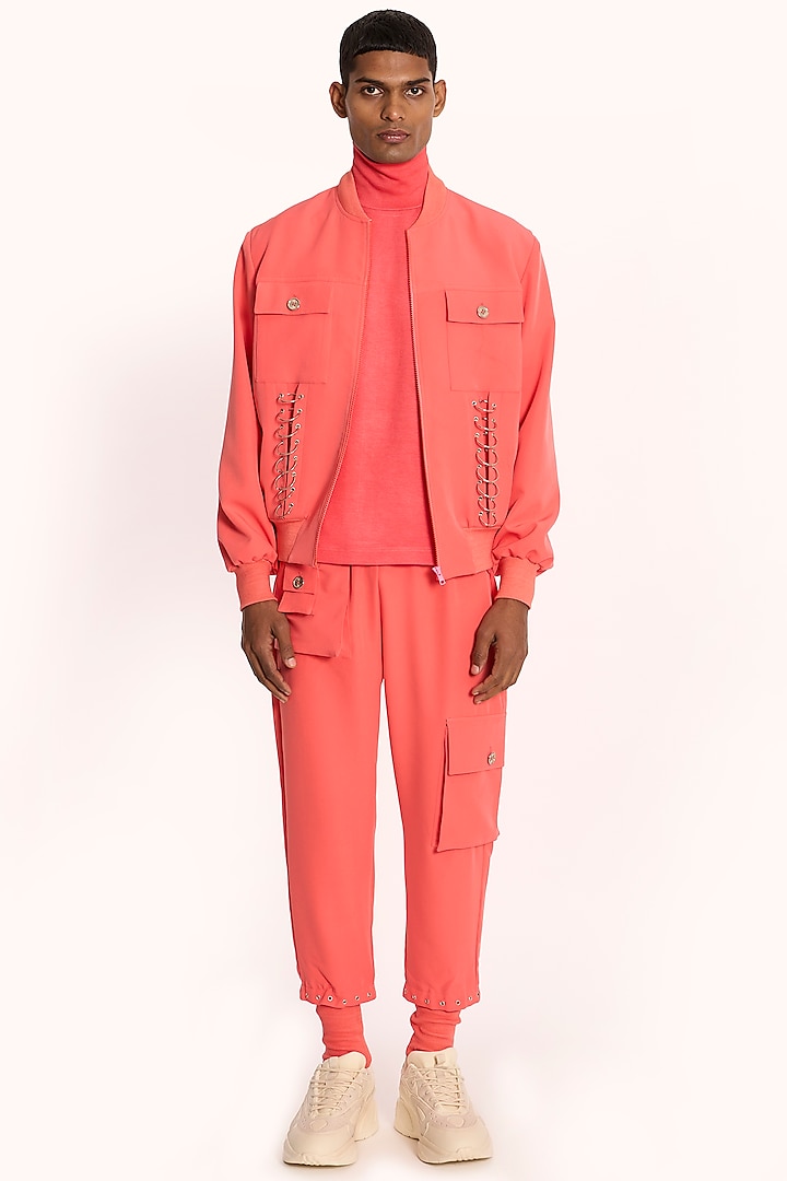 Coral Banana Crepe Bomber Jacket by DIERMEISS BY THE DRAGON LADY