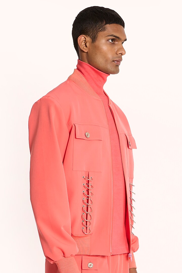 Coral Banana Crepe Bomber Jacket by DIERMEISS BY THE DRAGON LADY at Pernia's Pop Up Shop