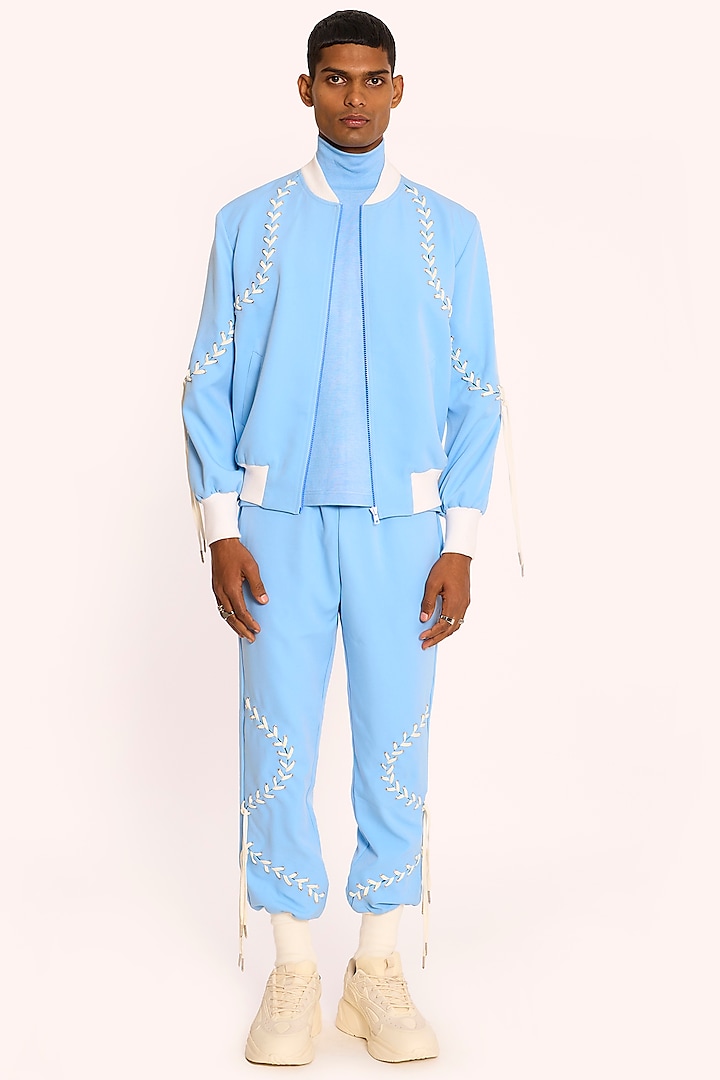 Pastel Blue Banana Crepe Bomber Jacket by DIERMEISS BY THE DRAGON LADY