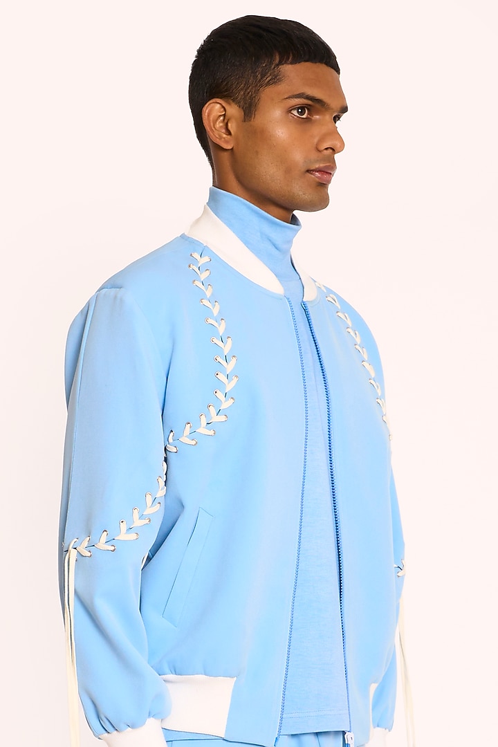 Pastel Blue Banana Crepe Bomber Jacket by DIERMEISS BY THE DRAGON LADY at Pernia's Pop Up Shop