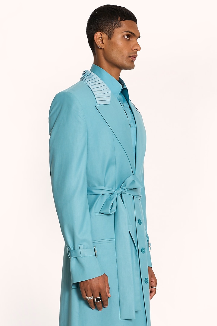 Turquoise Italian Terry Rayon Overcoat by DIERMEISS BY THE DRAGON LADY at Pernia's Pop Up Shop