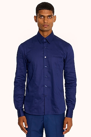 Ink Blue Cotton Satin Shirt by DIERMEISS BY THE DRAGON LADY