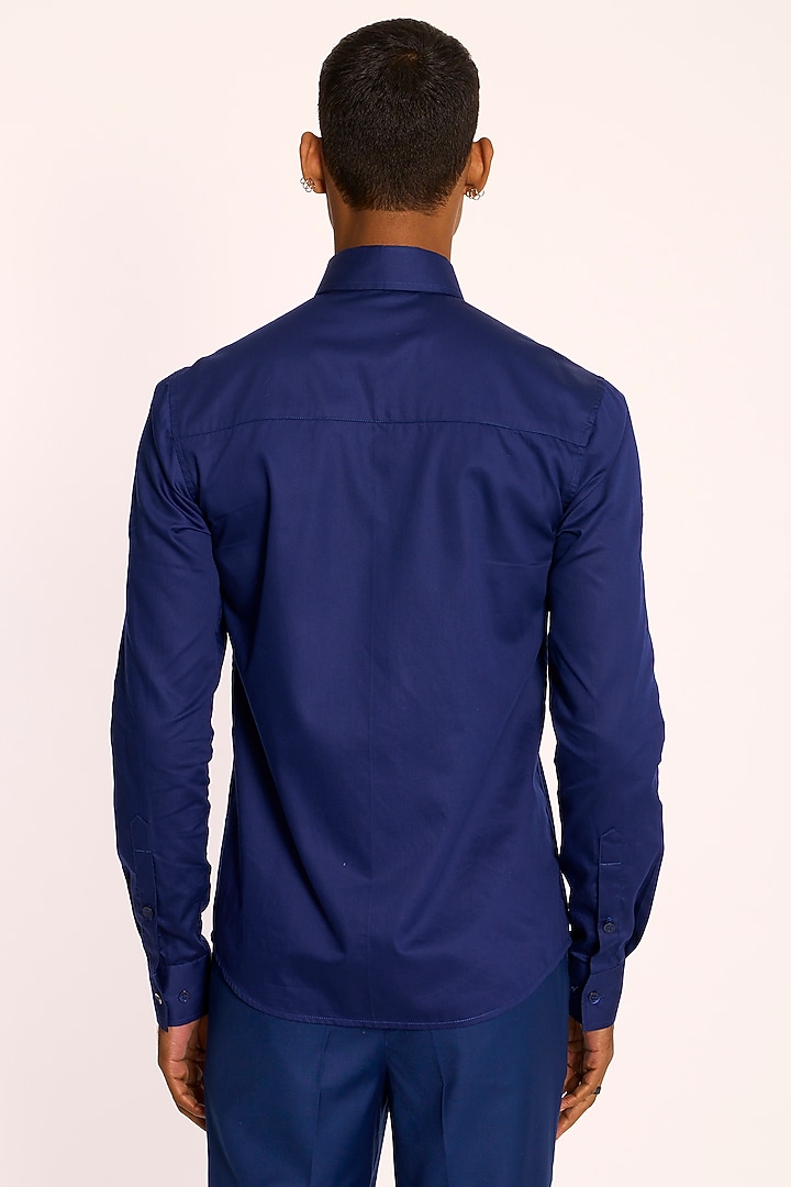 Ink Blue Cotton Satin Party Wear Shirt by DIERMEISS BY THE DRAGON LADY at Pernia's Pop Up Shop