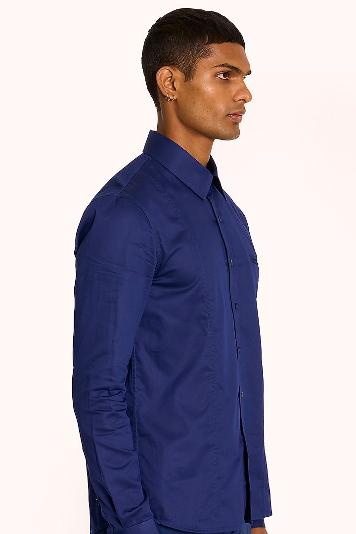 Ink Blue Cotton Satin Party Wear Shirt by DIERMEISS BY THE DRAGON LADY at Pernia's Pop Up Shop