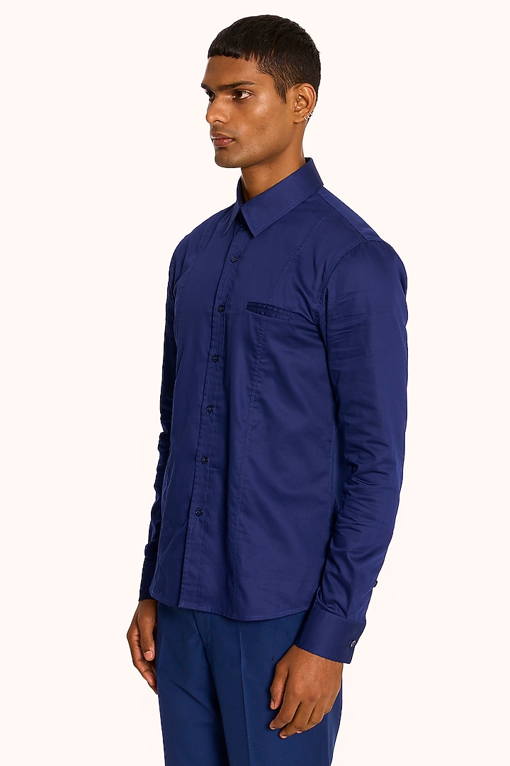 Ink Blue Cotton Satin Party Wear Shirt by DIERMEISS BY THE DRAGON LADY at Pernia's Pop Up Shop