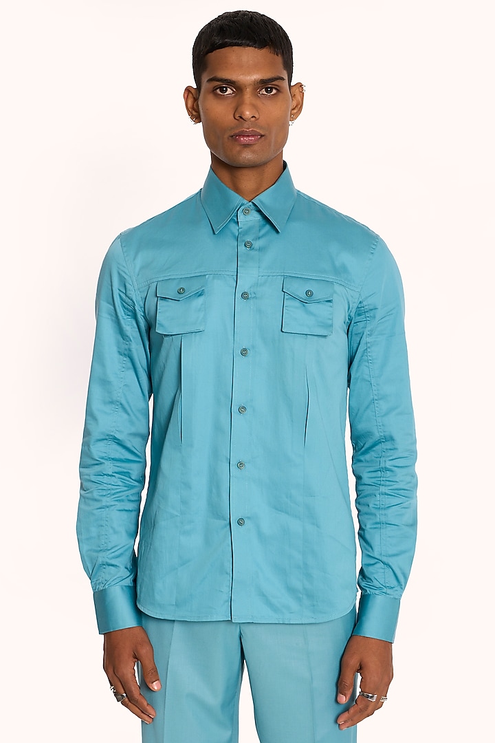 Turquoise Cotton Satin Shirt by DIERMEISS BY THE DRAGON LADY