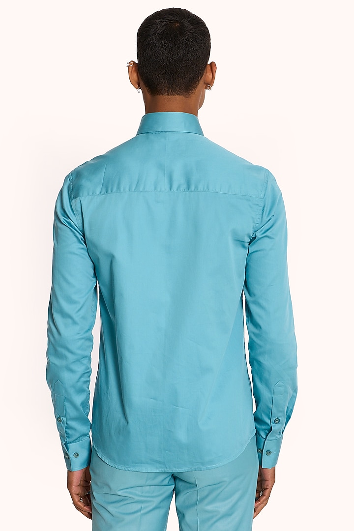 Turquoise Cotton Satin Party Wear Shirt by DIERMEISS BY THE DRAGON LADY at Pernia's Pop Up Shop