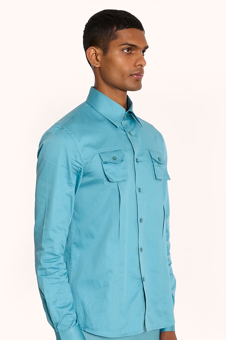 Turquoise Cotton Satin Party Wear Shirt by DIERMEISS BY THE DRAGON LADY at Pernia's Pop Up Shop