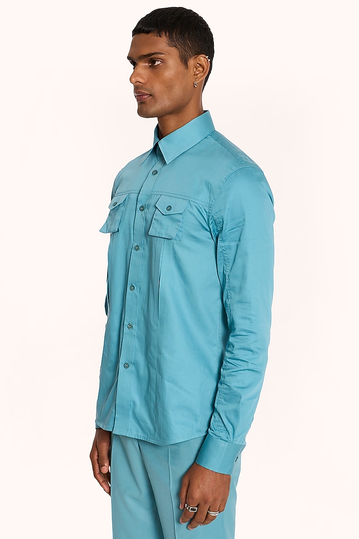 Turquoise Cotton Satin Party Wear Shirt by DIERMEISS BY THE DRAGON LADY at Pernia's Pop Up Shop