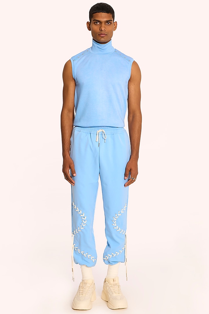 Pastel Blue Banana Crepe Joggers by DIERMEISS BY THE DRAGON LADY
